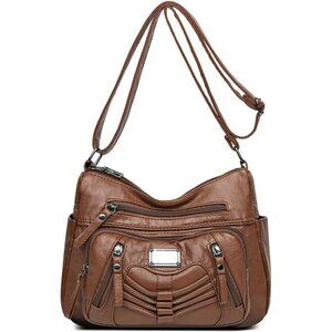 Women's Bronze Soft Pu Leather Multi-pocket Shoulder Bag Medium Cross-body Purse